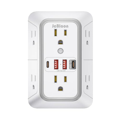 JcBlaon Surge Protector Outlet Extender 6 Outlet Extender with 4 USB Ports (PD 30W), 3 Sided 1050J Multi Plug Wall Adapter Power Strip for Home Travel Office Essentials - color: White PD30W 1PC