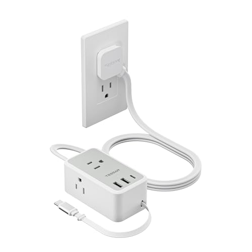 TESSAN Small Flat Plug Power Strip, Ultra Thin Extension Cord 5 ft, 3 AC Outlets 3 USB (1 USB C), 1 Retractable USB C Cable, Multiple Wall Outlet Extender for Cruise Travel Dorm Room Essentials - color: Gray, size: 5 FT (3 USB Ports with Retractable Cable