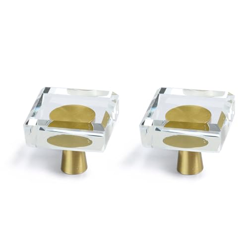 2 Pack Glass Crystal Knobs Brass Drawer Pull Cabinet Handle Gold Furniture Hardware for Dresser Kitchen (Square) - color: Gold_Square, size: 2Pack-1.2"x1.2"