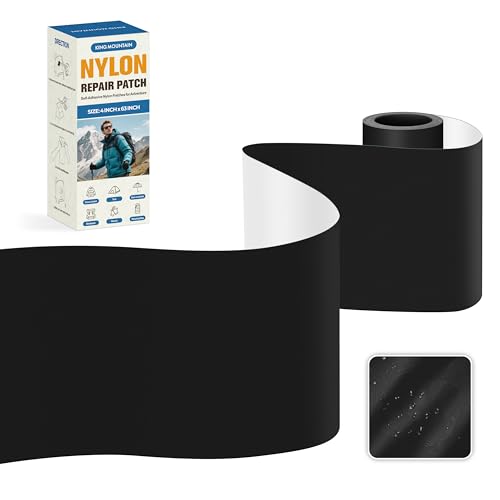 KING MOUNTAIN Self Adhesive Nylon Fabric Repair Tape, 4×63 Inches, Quick Down Jacket Repair Patch, Waterproof Outdoor Gear Patch Kit for Tent,Backpacks,Umbrella, Gloves, Sleeping Bag (Black） - color: Black, size: Nylon-4"W×63"L