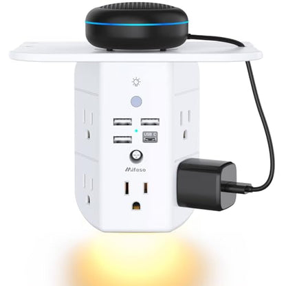 Wall Outlet Extender with Shelf and Night Light, Surge Protector, Wall Mount Charger Multi Plug Expander with 5 AC Outlets and 3 USB A Ports 1 USB C, Wide Space 3-Sided Power Strip Multi Plug Outlets - size: 1c3a