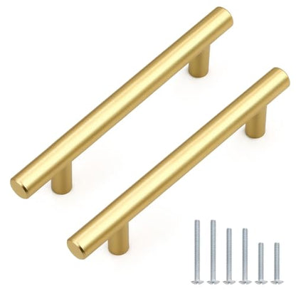 Probrico 5 Pack Hole Centers (96mm) 3.75inch Gold Kitchen Cabinet Handles Stainless Steel Polished Gold Cabinet Pulls Round T Bar Pull Handle for Cabinets and Drawers Total Length 6inch(150mm) - color: Gold, size: Hole Centers: 3-3/4"