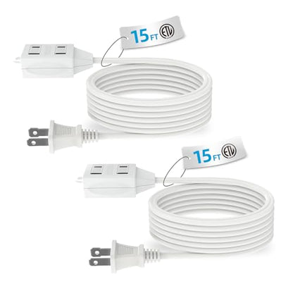 TiFFCOFiO Indoor Extension Cord, 2 Prong 15 Feet Extension Cord, 3 Polarized Outlets with Safety Slide Windows,13A/1625W, 16 AWG, 2 Packs - size: 15FT 2 Packs