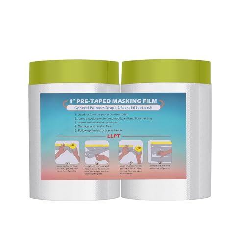 LLPT Tape and Drape 35.4”(Unfolded) x 66 Ft Each 2 Pack Pre-Taped Masking Film 0.31 Mil Painters Plastic Drop Cloth for Auto Wall Furniture Painting Protection (MFTG920) - size: 35.4 Inch x 66 Ft