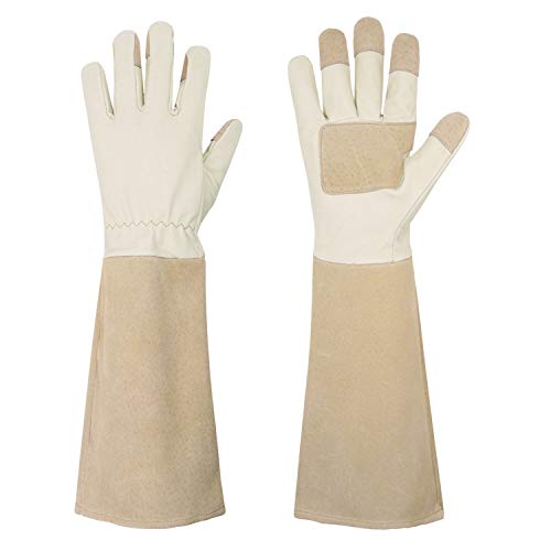 HANDLANDY Pruning Gloves Long for Men & Women, Pigskin Leather Rose Gardening Gloves- Breathable & Durability Gauntlet Glove Medium - color: Beige, size: Medium (Pack of 1)
