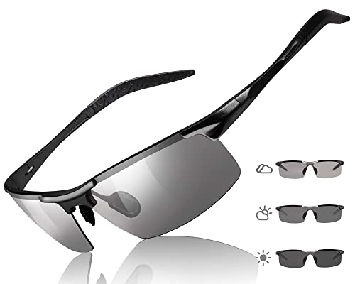 TJUTR Mens Photochromic Sunglasses Day & Night Driving Z87 Sun Glasses Polarized UV400 Protection Safety Glasses - color: A Black Frame/Grey Photochromic Polarized Lens