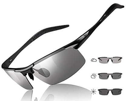 TJUTR Mens Photochromic Sunglasses Day & Night Driving Z87 Sun Glasses Polarized UV400 Protection Safety Glasses - color: A Black Frame/Grey Photochromic Polarized Lens