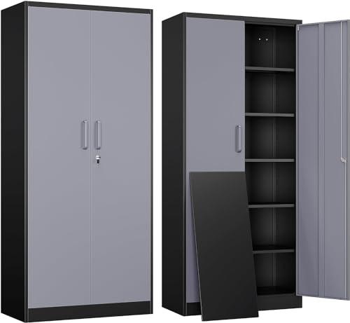 Yizosh Metal Garage Storage Cabinet with 2 Doors and 5 Adjustable Shelves - 71" Steel Lockable File Cabinet,Locking Tool Cabinets for Office,Home,Garage,Gym,School (Gray Black) - color: Gray Black, size: 71"H x 32"W x 16"D