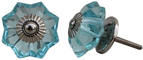 Turquoise Crystal Glass Cabinet Knobs – Decorative Drawer Pulls with Silver Metal Base, Vintage Flower Design for Kitchen Cabinets, Dresser, Wardrobe & Furniture (Set of 6)