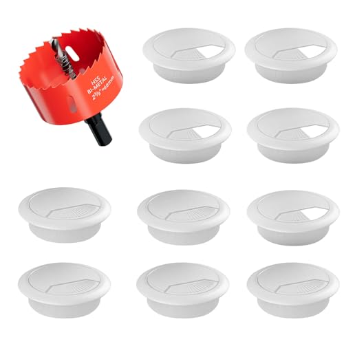 Desk Grommet 2-3/8 inch (60mm) 10 Pieces - White Desk Cable Grommet Desk Cable Hole Covers with Hole Saw for TV, Office, Wires Through Countertop and Home Table - color: Grommet White, size: 2-3/8 inch