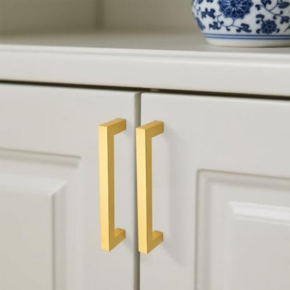 KNOBWELL 6Pack 5 Inch Brushed Gold Cabinet Pulls Stainless Steel Kitchen Cabinet Handles Square Drawer Pulls Modern Cabinet Hardware Handles，128mm Hole Centers - color: Brushed Gold, size: Hole Center:5 inch(128mm)