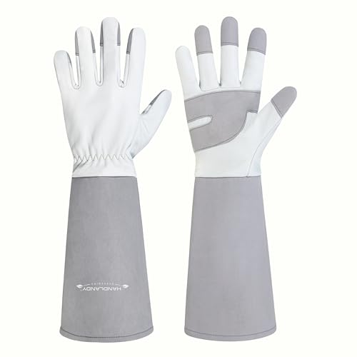 HANDLANDY Long Gardening Gloves for Men & Women, Thorn Proof Rose Pruning Gloves Leather Gauntlets Garden Glove Yard Work Glove (Silver Gray, Small) - color: Silver Gray, size: Small (Pack of 1)