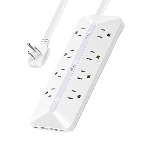 Anker Power Strip with 900J Surge Protector, Flat Plug Extension Cord with Multiple Outlets, 8 AC, 2 USB A & 2 USB C Ports for 35W Max, 5ft Outlet Extender, Dorm Room Essentials, Home Office - color: White