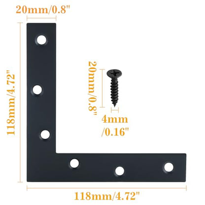 Mooche L Flat Brackets for Wood, Corner Bracket Black Corner Brace Mending Plate Repair Stainless Steel Flat Braces for Tables Chairs Sofas Beds Cabinets Doors (10Pack L-Shaped 120mmX120mm Black)