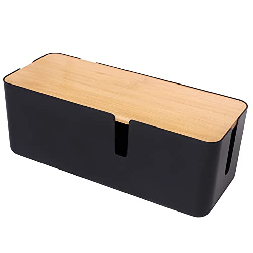 Changsuo Cable Management Box with Bamboo Lid Small Cable Organizer Box for Extension Cord Power Stripe Surge Protector Wire Management Concealer Organizer Cover Hider (Black) - color: Black
