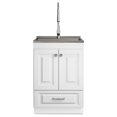 SIMPLIHOME Lawrence All-in-One 24 inch Wide Utility Sink and Laundry Cabinet in Pure White Finish, Transitional Stainless Steel Sink Cabinet for Laundry Rooms with High-Arch Brushed Nickel Faucet - size: 24 inch