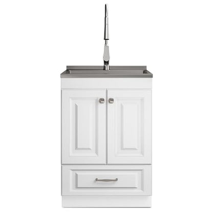 SIMPLIHOME Lawrence All-in-One 24 inch Wide Utility Sink and Laundry Cabinet in Pure White Finish, Transitional Stainless Steel Sink Cabinet for Laundry Rooms with High-Arch Brushed Nickel Faucet - size: 24 inch