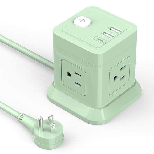 Cube Power Strip, FDTEK 4 Widely Spaced Outlet with 3 USB (1 USB C) Flat Plug Power Strips with Long Extension Cords Space Save Compact Portable for Travel Home Office Cruise (Green) - color: Green, size: 5FT