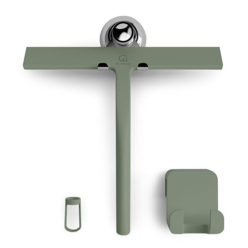 GÜTEWERK Silicone Shower Squeegee for Glass Doors & Mirrors with Stainless Steel Core, Streak-Free & No-Squeak Window Cleaning, 3-in-1 No-Drill Mount (Hook/Suction/Adhesive),Green, 9 Inches - color: Green, size: 9 Inches