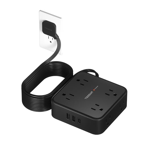 TESSAN Surge Protector Power Strip, 15 Ft Flat Plug Extension Cord with 3 USB (1 USB C) 8 Outlets, 1250W, 900J Protection, 3 Sided Outlet Extender with Power Switch for Office, Dorm Room, Black - color: Black with 1 USB C, size: 15 feet