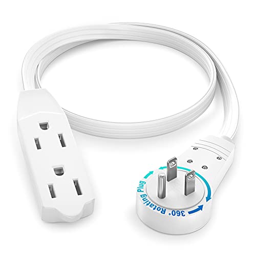 Maximm Cable 1 Ft 360° Rotating Flat Plug Extension Cord/Wire, 16 AWG Multi 3 Outlet Extension Wire, 3 Prong Grounded Wire - White - UL Certified - color: White, size: 1 Foot