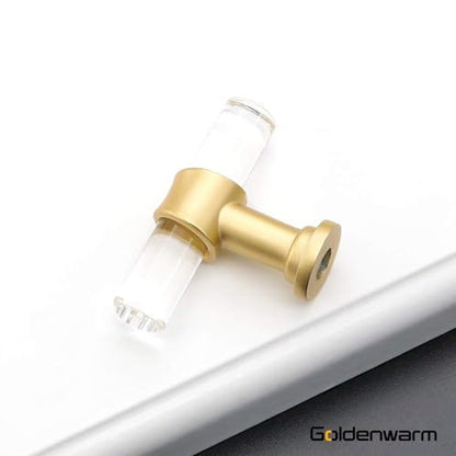 Goldenwarm 5 Pack-Clear Acrylic Drawer Knobs Brushed Brass Cabinet Hardware - LS9165GD T Bar Acrylic Drawer Pulls Gold Clear Cabinet Hardware Single Hole Drawer Pulls - color: ‎Brass-acrylic, size: 5 Pack
