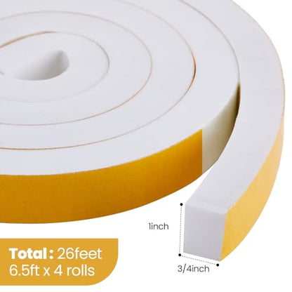 4 Rolls Total 26 Ft White Weather Stripping 1 Inch Wide x 3/4 Inch Thick Self Adhesive High Density Foam Tape Insulation Weatherproof Window Door Seal Strip Soundproof Collision Avoidance 6.5 Ft x 4