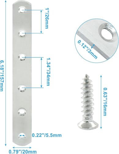 4 Pack 6 Inch Stainless Steel Flat Plate Straight Bracket Flat Metal Brace Bracket, 160mm Metal Brackets Mending Repair Plate Brace with Screws for Wood Straight Brace - size: 6"-160mm-Silver