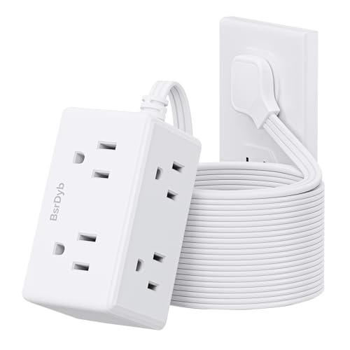 15Ft Flat Plug Small Power Strip,3-Side White Extension Cord with 6 Wide Outlets Extender,No Surge Protector,Cruise Ship Essentials,Multi Plug for College Dorm Home Office Travel,Wall Mount,ETL Listed - size: 15FT