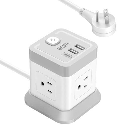 BEVA Power Strip with USB - 5ft Long Extension Cord Desktop Charging Station, Power Strip Cube with 4 Outlets and 3 USB Ports, Overload Protection, Compact for Travel, Cruise Ship, Office, Dorm Room - color: Grey, size: 5ft