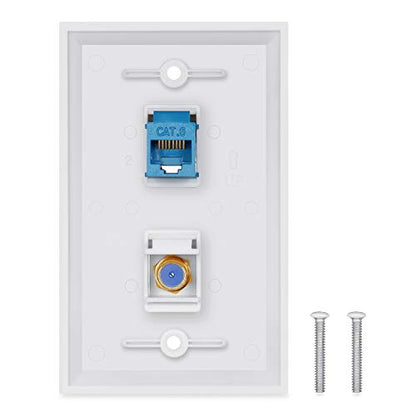 Ethernet Coax Wall Plate 2Pack,1 Cat6 Ethernet Port and 1 Gold-Plated Cable TV Coax F Type Port Wall Plate (White)