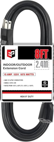 EP 12/3 8 FT Indoor Outdoor Black Extension Cord Waterproof, 12 Gauge 3 Prong Power Cord Flexible Resistant Appliance Extension Cable Electric Cable Outside, 15A 1875W 12AWG SJTW, ETL Listed - color: Black, size: 8ft