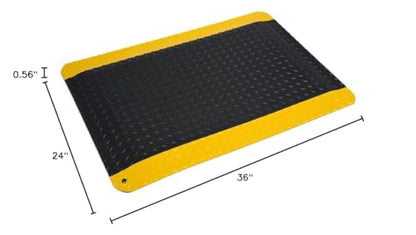 Wearwell Diamond-Plate Select Mat - Black/Yellow. Anti-Fatigue Workstation Mat. 2' W x 3' L x 9/16" Thickness. PVC Vinyl Surface with PVC Sponge. For Dry Industrial Use (495.916x2x3BYL) - size: 36"L x 24"W x 0.6"Th