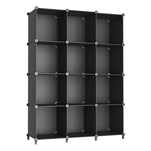 AWTATOS Cube Storage Organizer Closet Storage Shelves DIY Stackable Plastic Storage 12 Cube Bookshelf, Ideal Storage Organizer for Closet, Home, Bedroom, Black - color: Black
