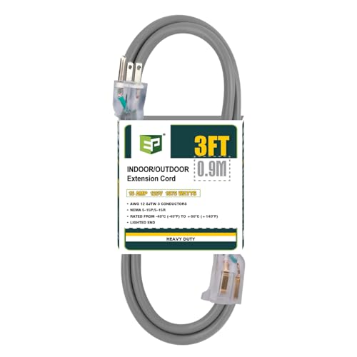 EP 3 Ft Lighted Extension Cord - 12/3 SJTW Heavy Duty Grey Extension Cable with 3 Prong Grounded Plug - Power Cord for Lawn, Garden, Appliances - color: Grey, size: 3ft