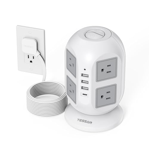 TESSAN Tower Surge Protector Power Strip 10 ft, Long Flat Extension Cord with Multiple Outlets, 8 AC Outlets with 4 USB Ports (1 USB C), Charging Station with Surge Protection, for Home Office Dorm - color: Grey, size: 10 Feet (4 Usb Ports, 1 Usb-c)