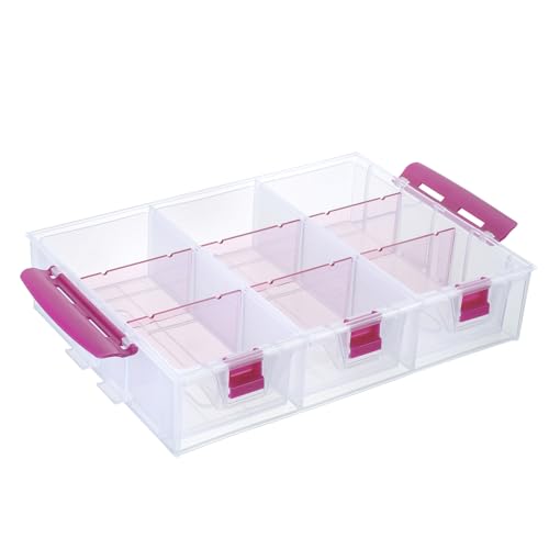 MyGift Stackable Single Tray Add-On for 11-Inch Clear Arts & Crafts Container, 9-Compartment Sewing Supplies Organizer with Removable Dividers for Craft Storage, Includes 3 Drawers - color: Clear & Pink (Add on Tray Only)