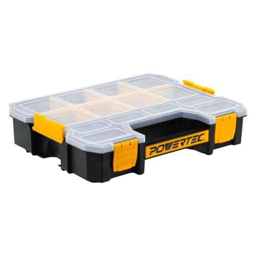 POWERTEC Small Parts Organizer & Tool Box – 14 Compartments, Stackable Storage with Interlocking Latch, Removable Dividers, Clear Lid, Portable Design (72364) - color: Stackable Tool Box Medium, size: Medium 14 Compartments