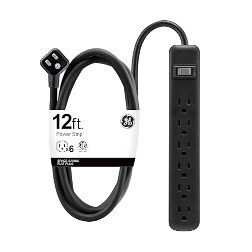 GE 6 Outlet Power Strip, 12 Ft Long Extension Cord, 3 Prong Outlets, UL Listed, Black, 45192 - size: 12 ft