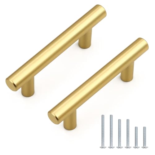 Probrico 5 Pack Hole Centers (64mm) 2-1/2inch Gold Kitchen Cabinet Handles Stainless Steel Polished Gold Cabinet Pulls Round T Bar Pull Handle for Cabinets and Drawers Total Length 4inch(100mm) - color: Gold, size: Hole Centers: 2-1/2"