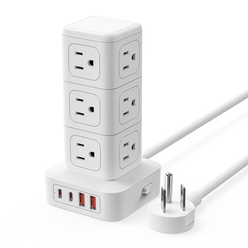 ORICO Tower Power Strip with Surge Protection, Charging Station Tower with 12 AC Outlets 4 USB Ports (2 USB C), Space Saving Design, 5FT Tower Extension Cord for Home, Office, Dorm - TPP20 - color: white