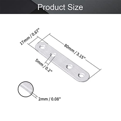 MroMax 10Pcs 201 Stainless Steel Straight Brackets 3.15" x 0.67" Flat Straight Braces Brushed Metal Fixed Connecting Plate for Repairing Furniture, Bookcase, Table, Chair Legs 4 Holes with Screws - size: 3.15"x 0.67"x 0.08"(LxWxT)