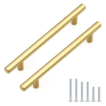 Probrico 5 Pack Hole Centers (128mm) 5inch Gold Kitchen Cabinet Handles Stainless Steel Polished Gold Cabinet Pulls Round T Bar Pull Handle for Cabinets and Drawers Total Length 7.5inch(192mm) - color: Gold, size: Hole Centers: 5"