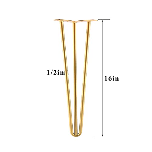 16 Inch Hairpin Legs Metal - 1/2” Dia 3 Rods Design - Mid Century Furniture Table Legs, DIY Furniture Hairpin Feet Gold for Nightstand, Coffee Table and TV Stand, Set of 4 - size: 16 Inch
