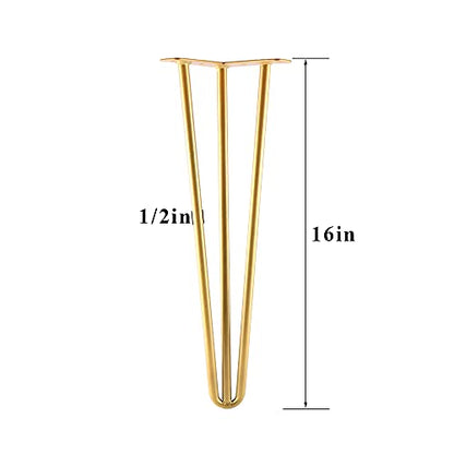 16 Inch Hairpin Legs Metal - 1/2” Dia 3 Rods Design - Mid Century Furniture Table Legs, DIY Furniture Hairpin Feet Gold for Nightstand, Coffee Table and TV Stand, Set of 4 - size: 16 Inch