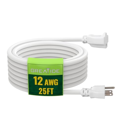 25 Ft Outdoor Extension Cord - 12/3 SJTW Heavy Duty White Extension Cable with 3 Prong Grounded Plug - Power Cord for Lawn, Garden, Appliances - color: White, size: 25 FT