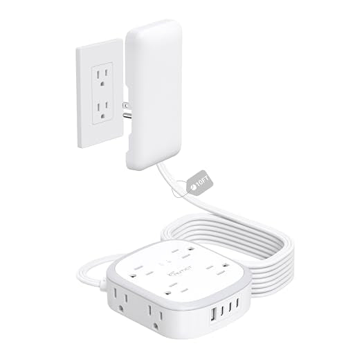 Outlet Cover Extension Cord Long 10ft, NUTICT Flat Plug Power Strip with 8 Outlets & 3 USB-C & 1 USB-A Port, 13A/1625W, 1440J Surge Protector, Indoor 3 Prong Flat Wall Plug for Tight Spaces, White - size: 10FT