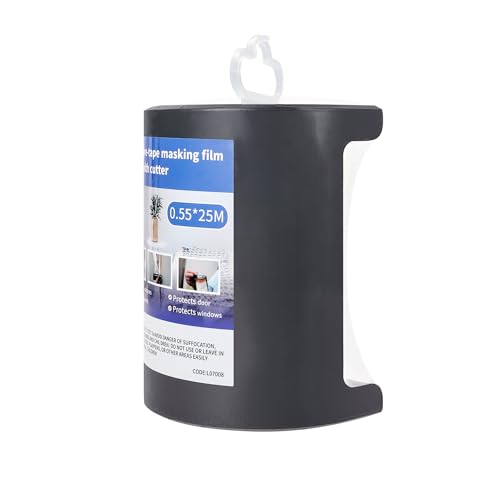 Voomey Pre-Taped Masking Film with Dispenser, Painters Tape with Plastic Attached, Automotive Painters Tape and Drape for Appliances, Furniture, Wood Surfaces & DIY Projects - 1ft x 82ft - size: 550mm*25m, style: Dispenser System