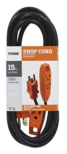 Prime Wire & Cable EC890715 15-Foot 14/3 SJT 3-Outlet Indoor Shop and Utility Extension Cord, Black and Orange