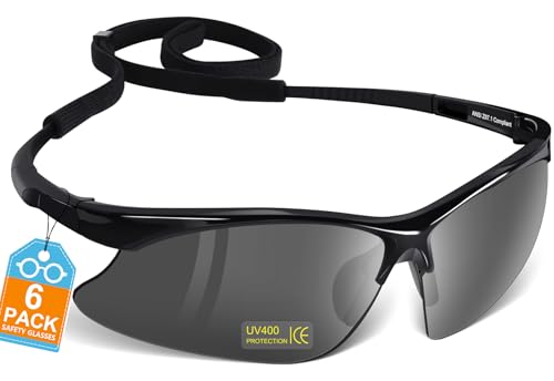 OXG 6 Pack Anti-Fog Safety Glasses, ANSI Z87+ Impact & Scratch Resistant Protective Eyewear for Work, Lab, Construction - color: Grey With Straps